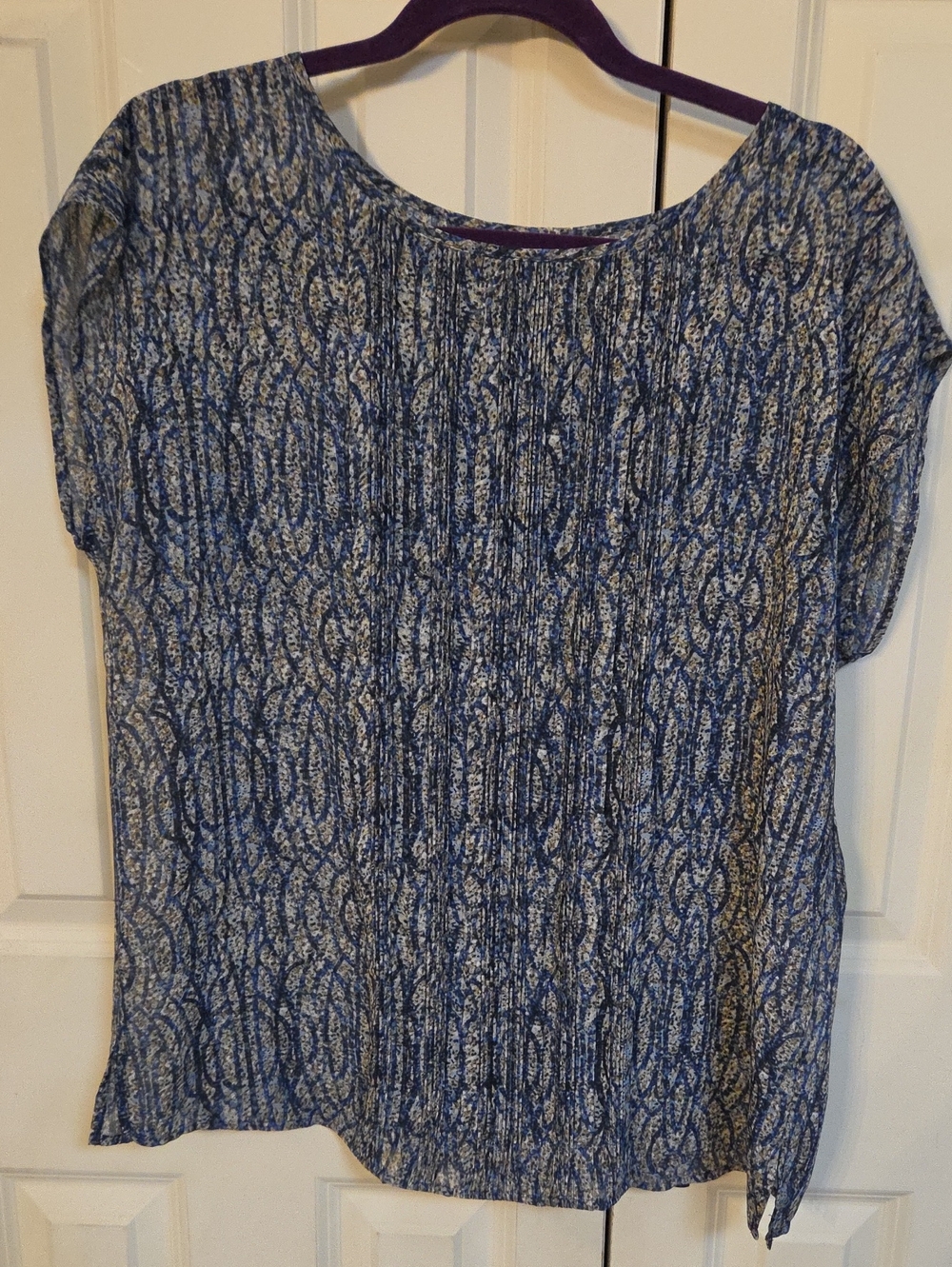 Liz Claiborne Blue Printed Short-Sleeve Blouse